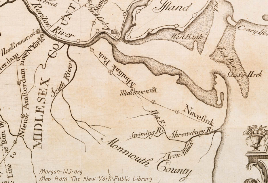 From a 1747 Map of Northern New Jersey highlighting the Minisink Path south of Raritan Bay. Map is from the New York Public Library.