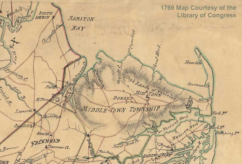 1769 Map of the Rariton (Raritan) Bay Bayshore. Chisquake Cr (Cheesequake Creek) is shown below South Amboy. Image courtesy of the Library of Congress. Digital Id: http://hdl.loc.gov/loc.gmd/g3811f.ar124500